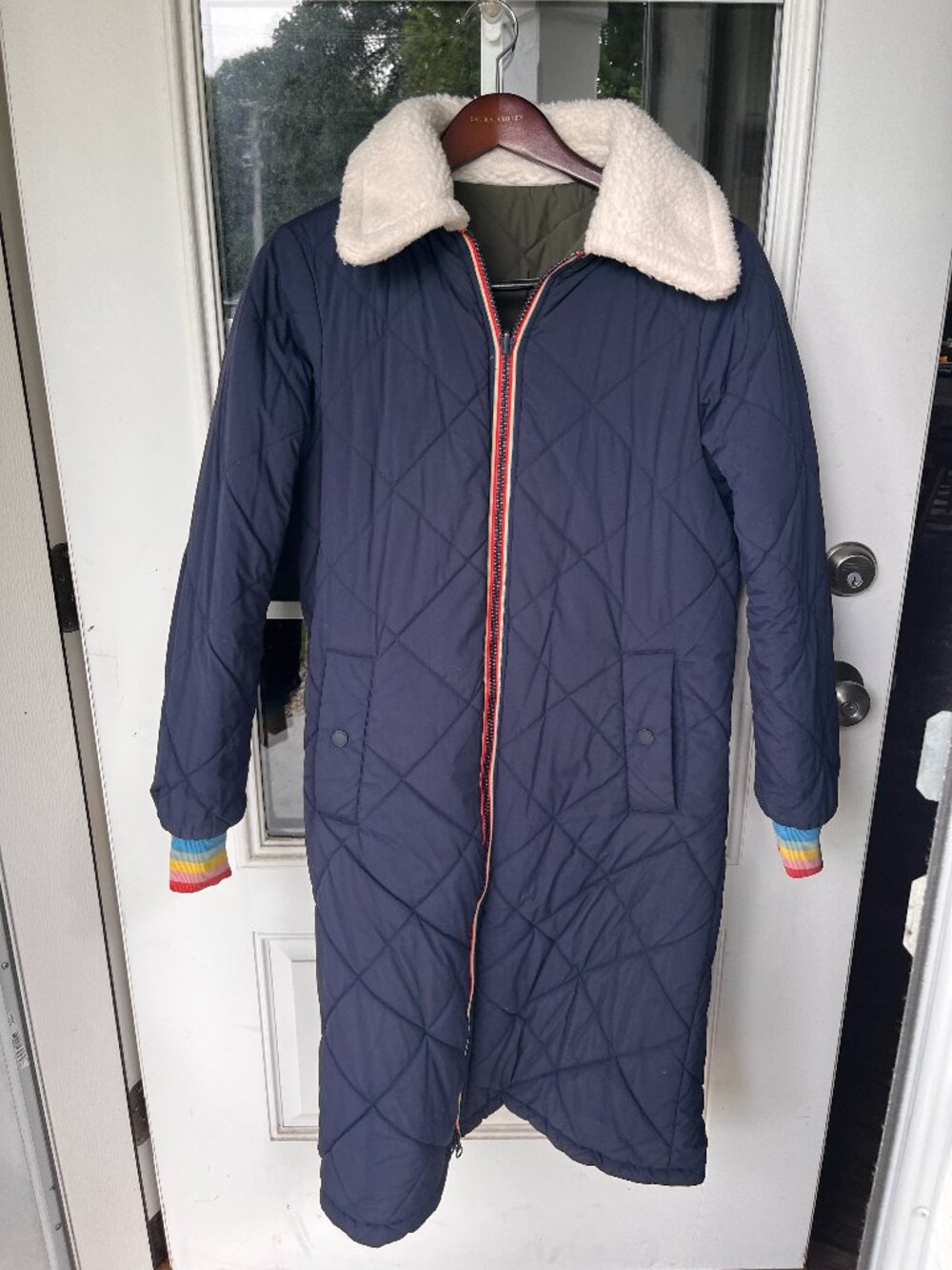 Boden Olive and Navy Reversible Quilted Puffer Coat